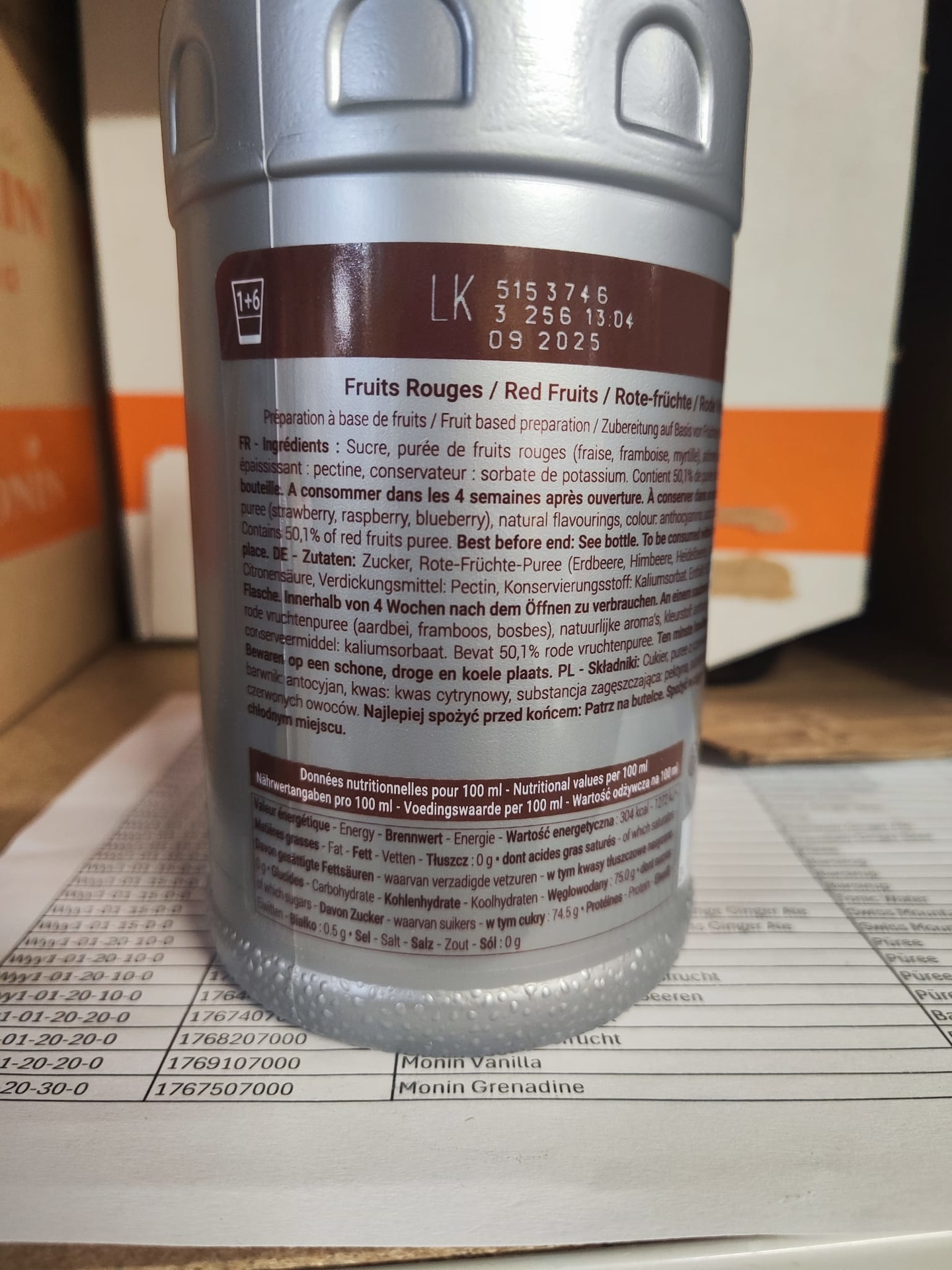 Monin Fruchtpuree Rote Beeren Rückenetikett