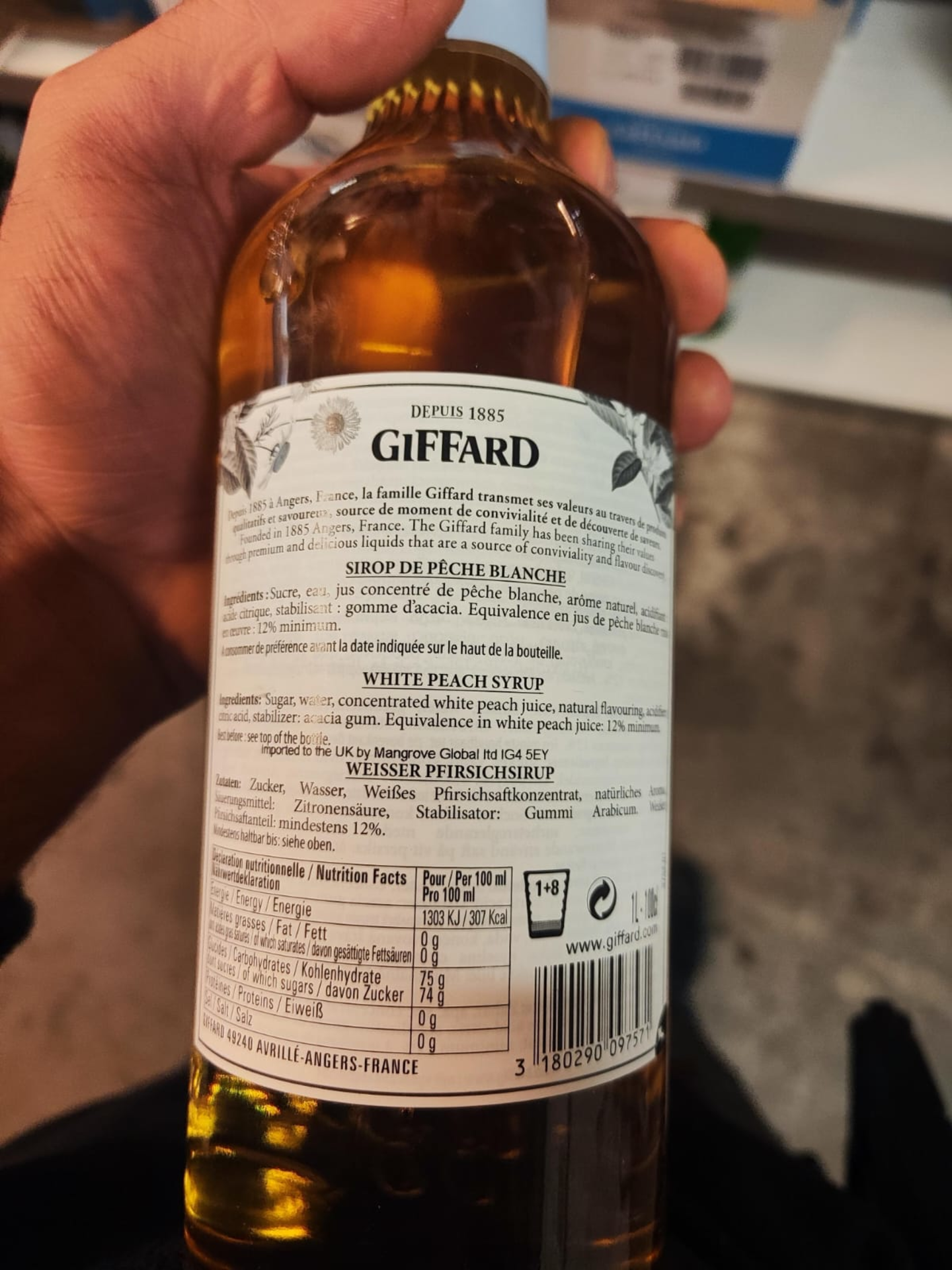Giffard Weisser Pfirsich Sirupe Rückenetikett