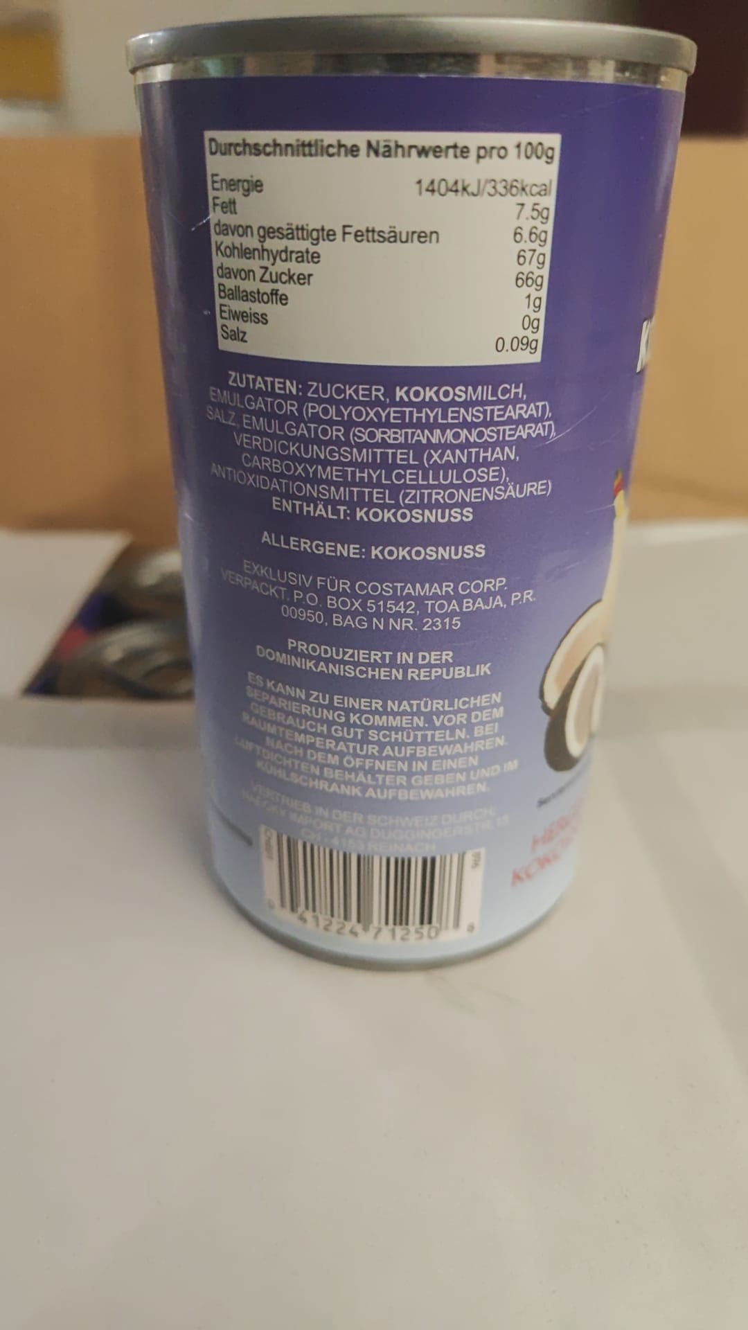 Costamar Cream of Coconut (Dose a 425g) Rückenetikett