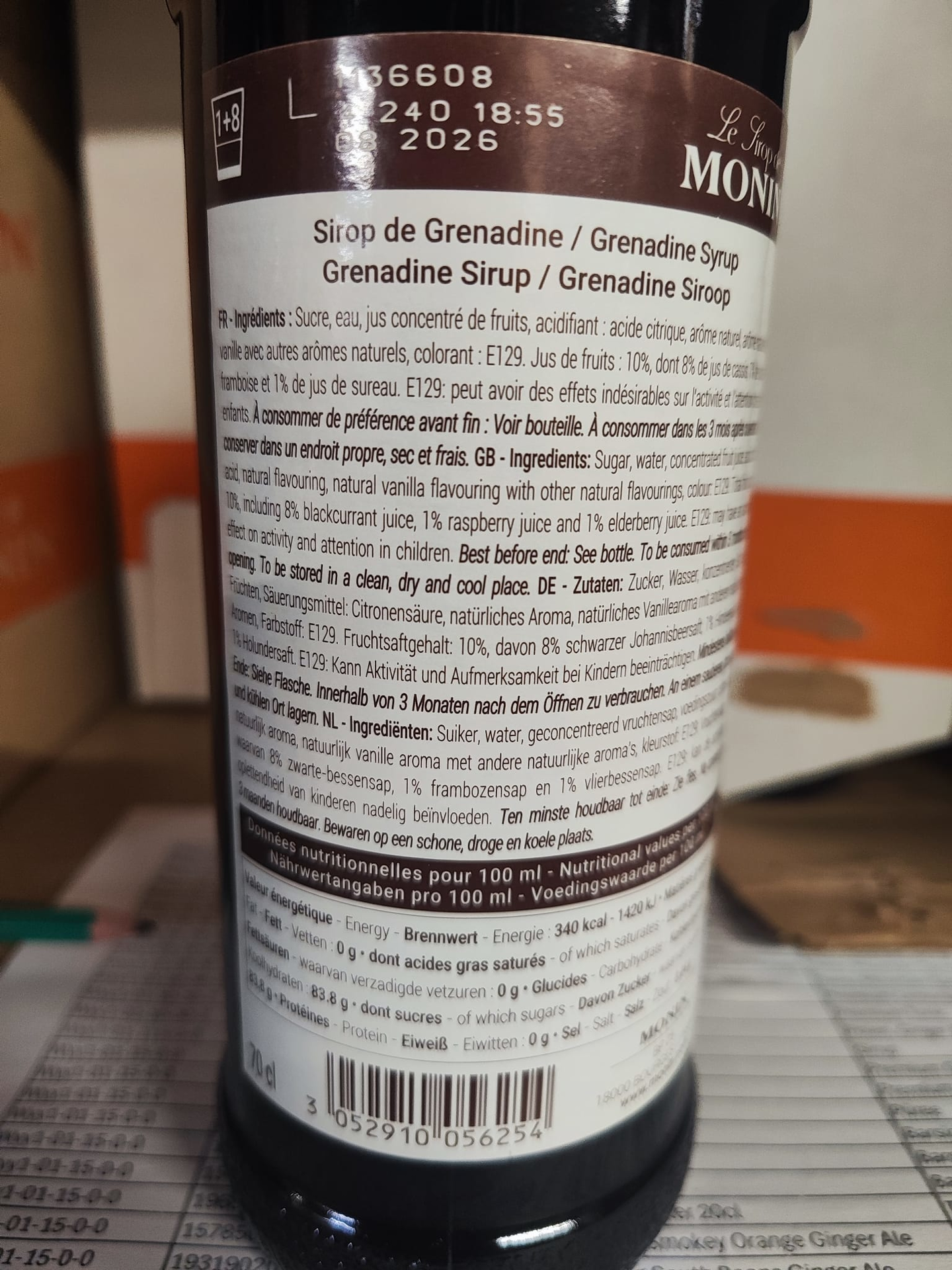 Monin Grenadine Rückenetikett