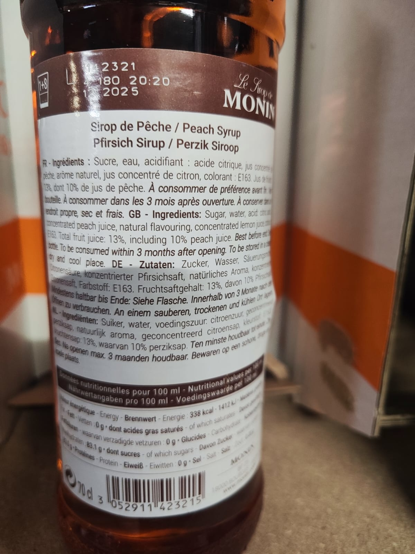 Monin Pfirsichsirup Rückenetikett