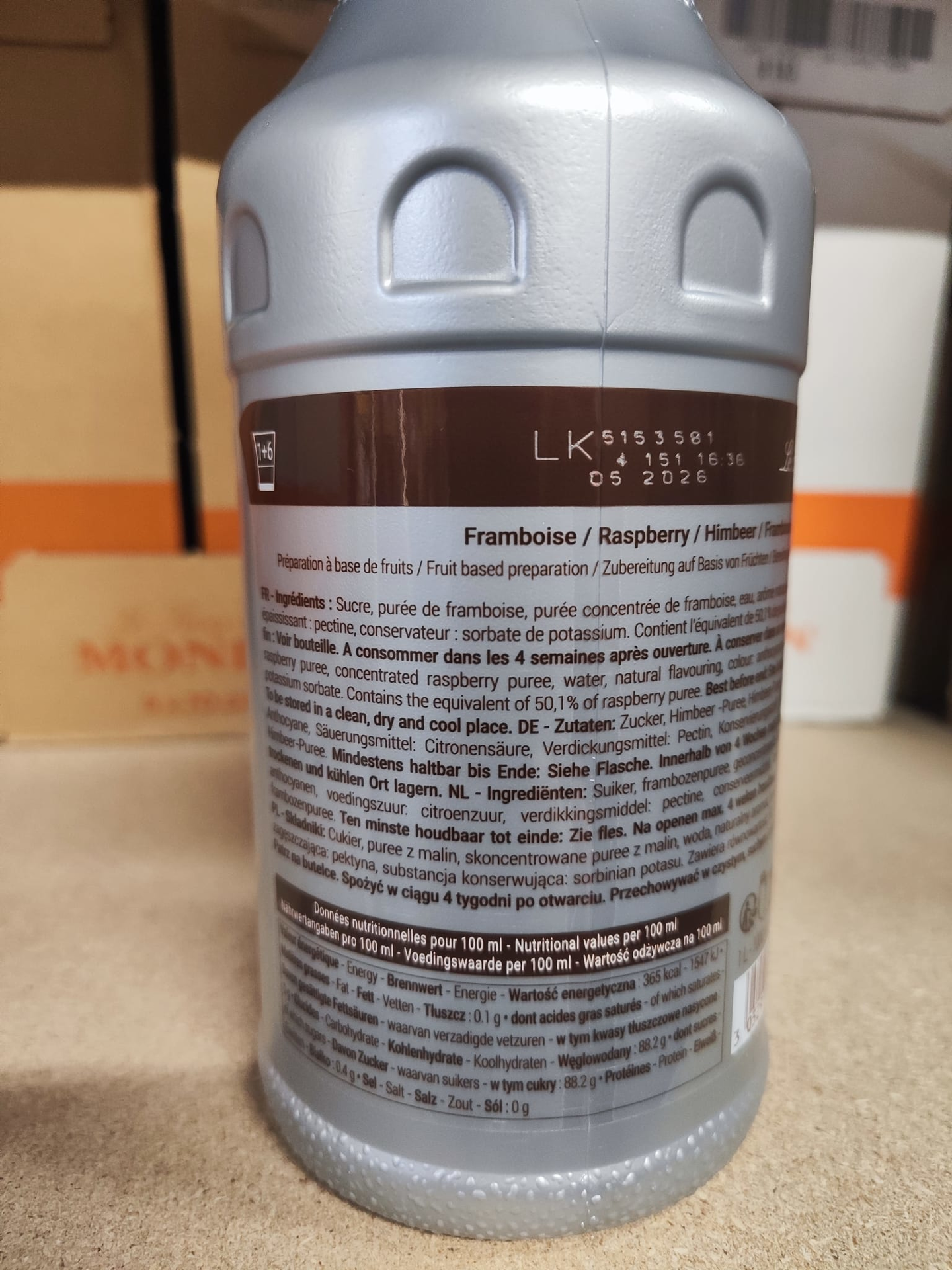 Monin Fruchtpuree Himbeere Rückenetikett