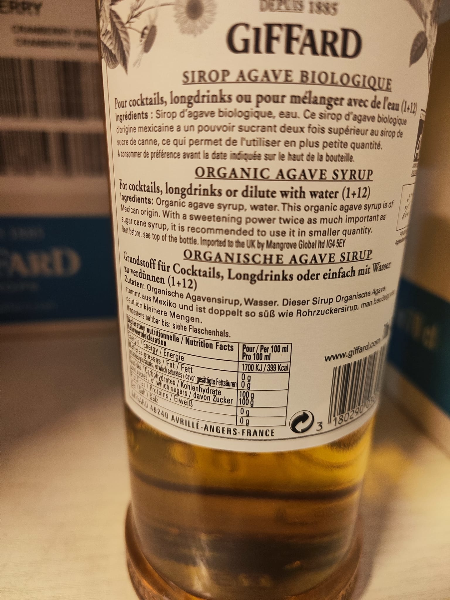 Giffard Agave Sirup Rückenetikett