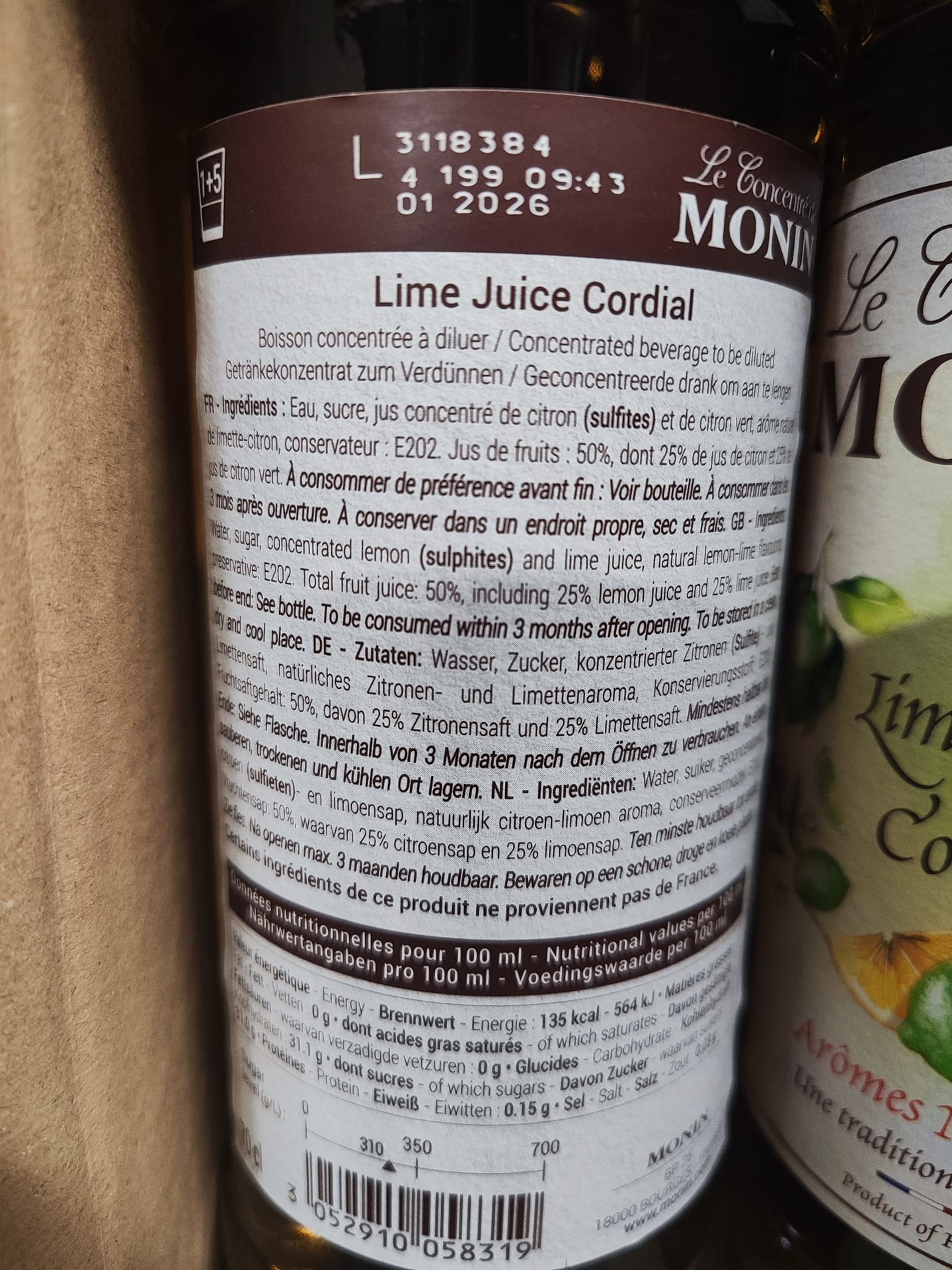 Monin Lime Juice Cordial Rückenetikett