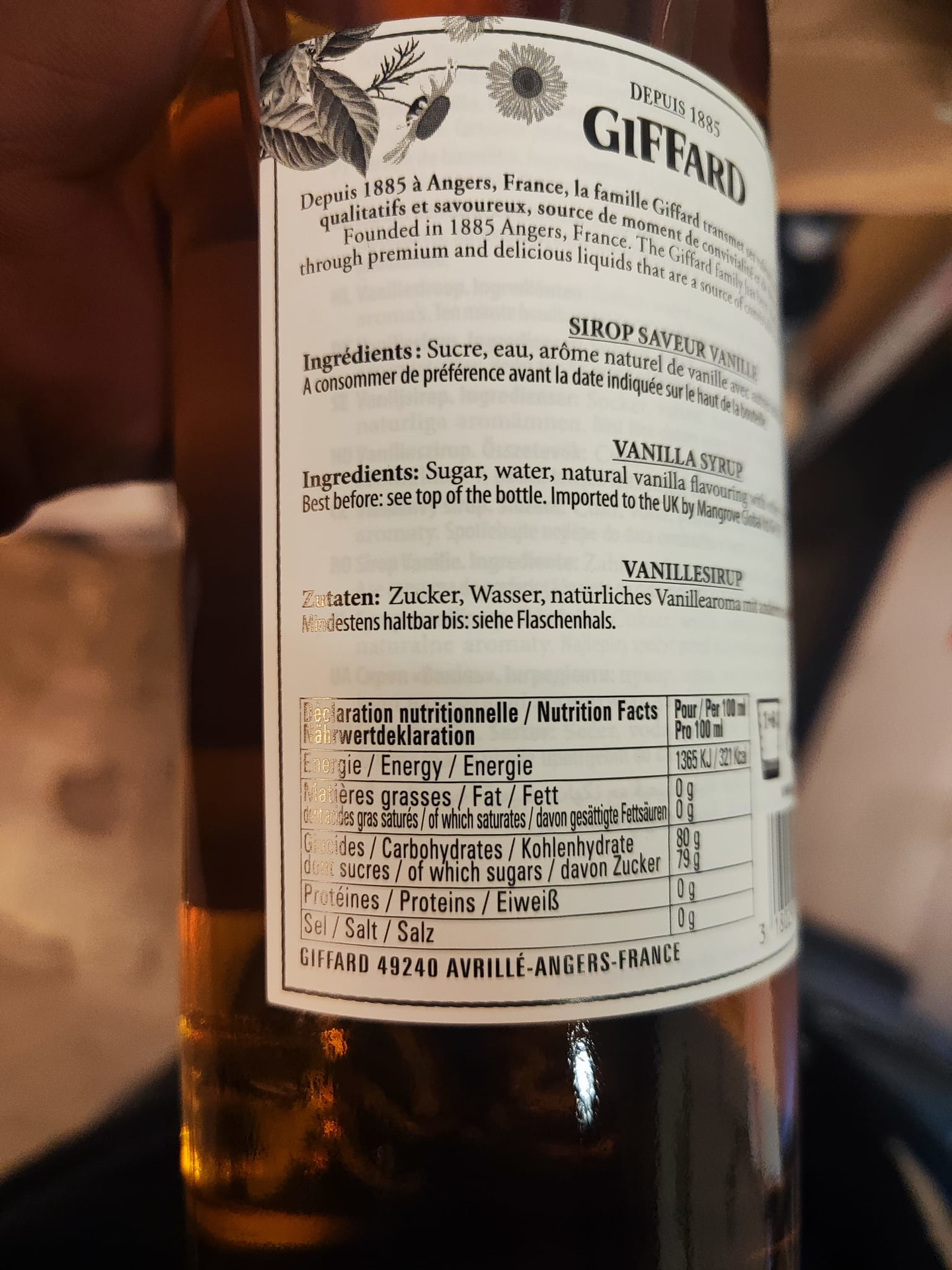 Giffard Vanille Sirupe Rückenetikett